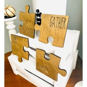 New Handmade Farmhouse Inspired Wood Puzzle Piece Coaster Set